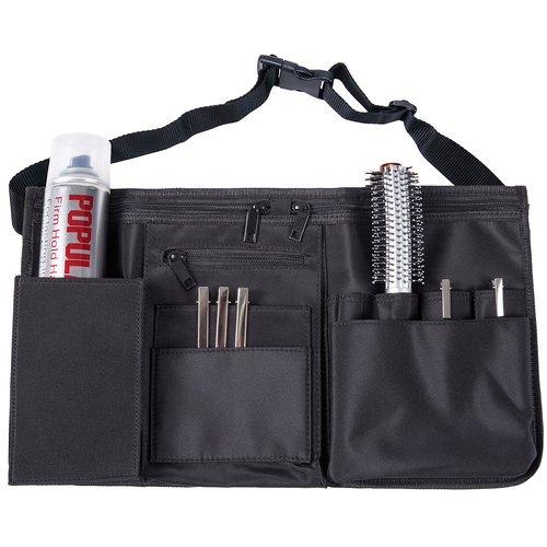 MyGift Professional Black Salon Apron, Makeup Artist Cosmetic Canvas Waist Apron, Multiple Pocket Brush Bag Organizer