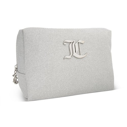 Juicy Couture Silver Makeup Bag Cosmetics Organizer Travel Essentials Zip Top Wedge Glitter