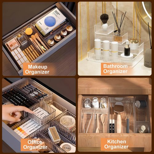Adoco 7 PCS Clear Drawer Organizers Bins, 4-Size Stackable Makeup Vanity Drawer Organizer Trays, Acrylic Bathroom Drawer Organizer Storage Containers for Cosmetic,Office Supply