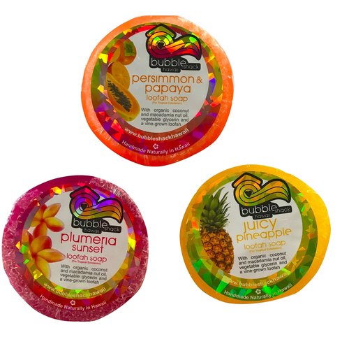 Bubble Shack Hawaii Loofah Soap Trio Organza Set (3 Bars, Rainbow Set)