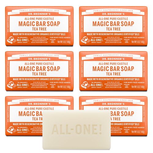 Dr. Bronner's Pure-Castile Magic Bar Soap (Tea Tree, 5 ounce, 6-Pack) - Made with Regenerative Organic Certified Oils, For Face, Body & Hair, Gentle, Vegan, Non-GMO