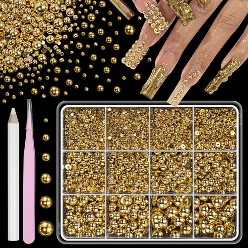 Gold Half Pearls for Crafts, Flatback Half Round Gold Pearl for Nails, 6 Sizes ABS Golden Pearl Beads Gems for Nails Art DIY Crafts Embellishment Shoes Clothes Bags DIY Making