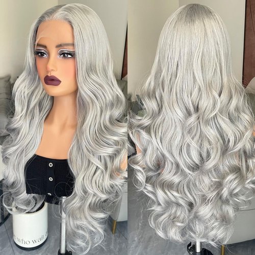Grey Body Wave Lace Front Wig Synthetic Platinum Silver Middle Part Transparent Lace Long Curly Wig For Women