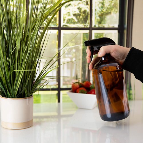 Large 32oz Amber Glass Spray Bottles with Funnel - Refillable Trigger Sprayer Containers for Oils, Cleaning Products, Plant Misting, Cooking, Hair, and Beauty. Includes 4 Bottles and 1 Funnel.