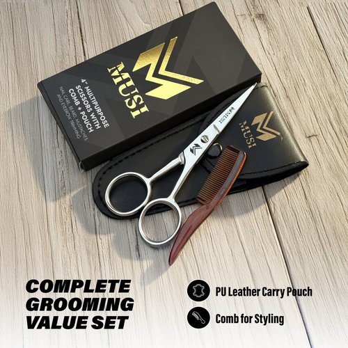 MUSI 4 Inch Eyebrow Scissors - Muti-purpose Small Scissors for Mustache, Beard, Nose Hair, Nail, Ear & Eyelash Trimming - Professional Stainless Steel Mini Grooming Scissors for Men Women with Comb