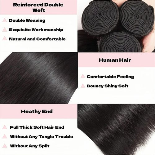 KODRHAR Human Hair Bundles Straight 10 12 14 Inch Straight Human Hair Weave 3 Bundles Silky Hair Bundles Brazilian 3 Bundles Human Hair Extensions for Women Deals Natural Black Bundles