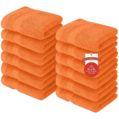 RIVERSIDE 12 Pack Premium 100% Cotton Face Washcloths, 550 GSM, 12 x 12 Inches, Soft, Absorbent Towels for Body & Shower, Bathroom Wash Clothes, Durable Face Towels Set for Spa, Gym, Orange