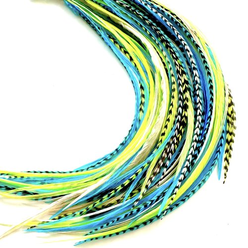 21 Neon Green & Turquoise Color Hair Extensions – 9”–14” Long – DIY Rooster Kit with 20 Micro-Link Beads – 100% Real Feathers – Eye-Catching Boho Style