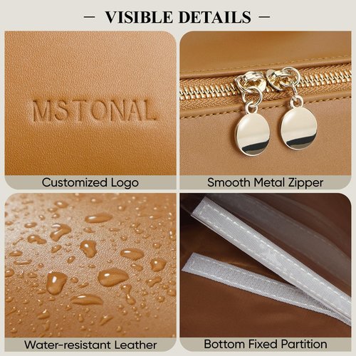 MSTONAL Travel Makeup Bag, Large Capacity Cosmetic Bags for Women, Waterproof Portable Pouch Open Flat Make up Organizer Bag with Dividers and Handle, Toiletry Bag for Essentials, Medium Size, Brown