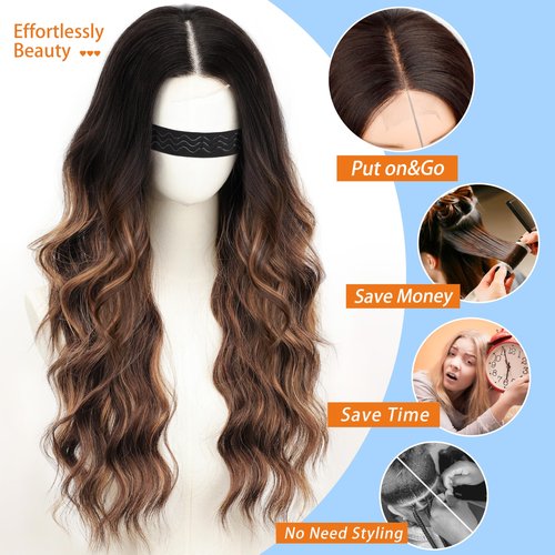 Nnzes Long Brown Highlight Wavy Wig 4x1 Lace Natural Hairline Middle Part Curly Heat-Resistant Synthetic Fiber for Women & Beginners Daily Party Use 26In