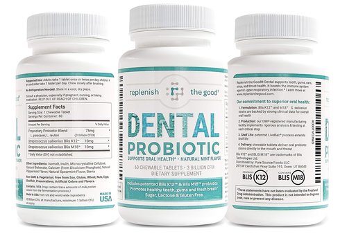Dental Oral Probiotic, 60 Chewable Tablets - Supplements w/BLIS K12 & M18 - Bad Breath Treatment for Adults - Boosts Oral Health - Fights Halitosis, Tooth Decay, Strep Throat (Mint Flavor)
