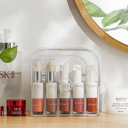 MORNITE Cosmetic Organizer Storage, Lipstick Organizer with Lid, Lipsticks Dresser Holder Box Case Countertop Makeup Tray, Clear