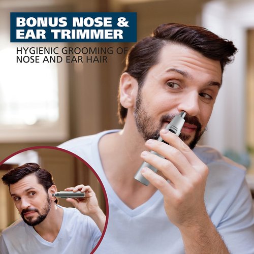 Wahl Beard Trimmer for Men - Battery Operated Facial Hair Grooming Set for Mustaches, Beard, Neckline, Light Detailing and Grooming with Bonus Battery Nose & Ear Hair Trimmer - Model 5537-420