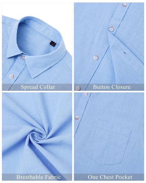 J.VER Men's Half Sleeve Linen Shirt Solid Casual Button Down Shirts Summer Beach Tops with Pocket Light Blue XX-Large