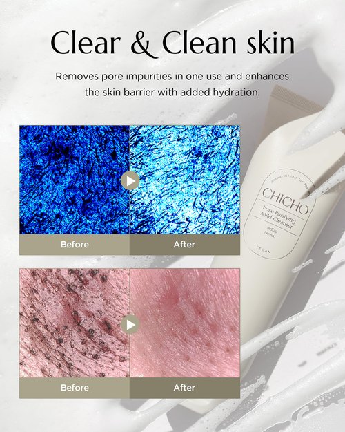CHICHO Korean Pore Purifying Mild Cleanser with Job's Tears Seed Powder 10,000ppm, PHA, 5 Ceramides 84% - Deep Cleansing & Exfoliating Hydrating Face Wash for Sensitive Skin, 4.05 fl.oz.