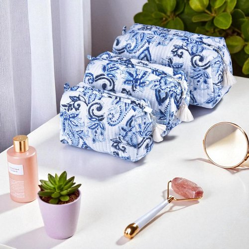 Vivanta Quilted Makeup Bag Set – Indigo Block Print Toiletry Bag for Women, Travel Makeup Organizer, Cosmetic Bags Set of 3 Floral Cotton Pouches, Travel Size Toiletries Kit, Zippered Toiletry Pouch