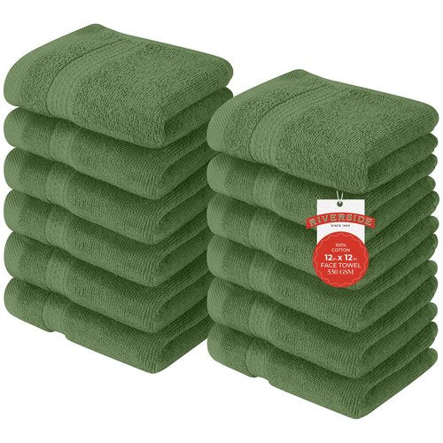 RIVERSIDE 12 Pack Premium 100% Cotton Face Washcloths, 550 GSM, 12 x 12 Inches, Soft, Absorbent Towels for Body & Shower, Bathroom Wash Clothes, Durable Face Towels Set for Spa, Gym, Sage Green