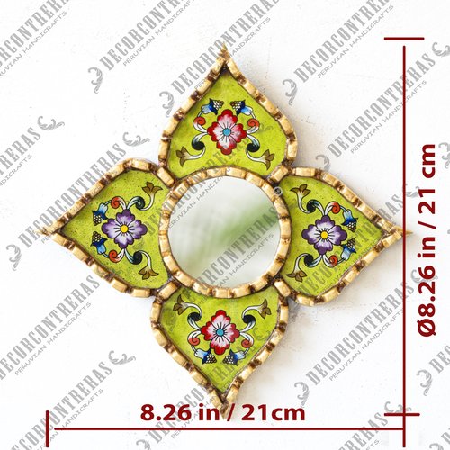 DECORCONTRERAS Small green peruvian mirrors for wall holiday – Diamond/Square shape wall artisan mirror in painted glass with gold leaf frame (Lime Green)