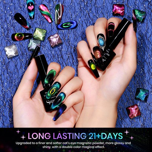 SUPWEE Cat Eye Gel Nail Polish Set - 12 Colors 9D Magnetic Nail Polish Gel Galaxy Cateye Nail Gels Polishes with 1 Black Gels and Magnetic Lamp Cure Required Home Manicure DIY Nail Art