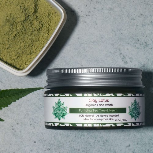 Clay Lotus Organic Face Wash - Acne-Prone, Oily Skin Cleanser with Tea Tree Oil & Neem. All-Natural Ingredients for Blemishes, Redness & Blackheads, Vegan Formula For Teens, Women and Men