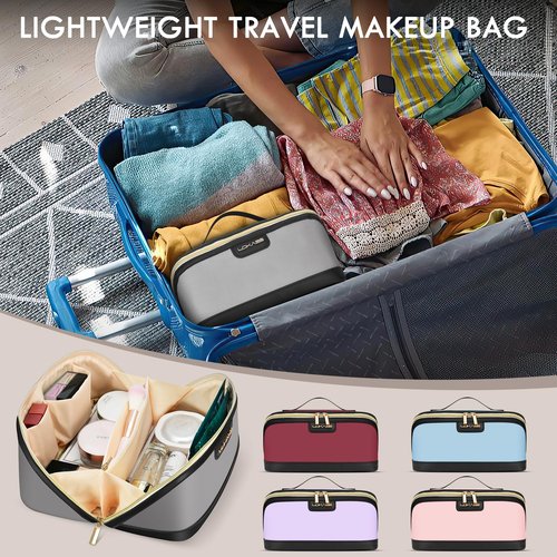 Stylish Travel Makeup Bag for Women - Large Capacity Waterproof PU & Cosmetic Organizer with Divider and Handle, Open Flat Toiletry Bag, Spring Break Essentials & Travel Accessories - Light Blue