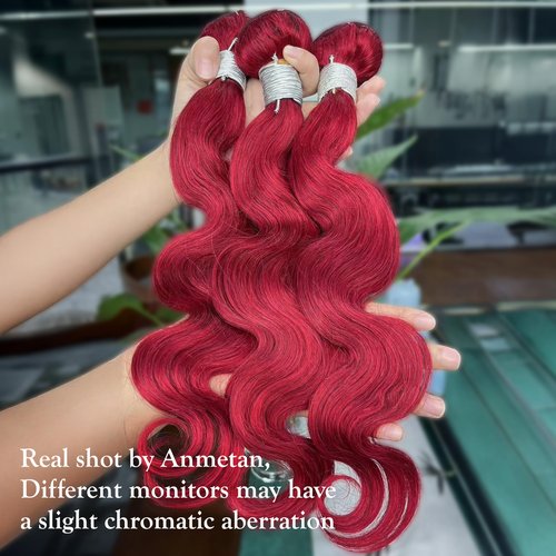 Anmetan Red Burgundy Bundles Human Hair Body Wave, 12A Colored Bundles Human Hair 100% Unprocessed Remy Hair, Soft and Thick Burgundy Cherry Red 99J Single Wavy Sew in Quick Weave Double Weft 12 Inch