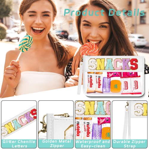 YEMEDA Clear Zipper Pouch PVC Waterproof Nylon Makeup Letter Bag for Women Girls Chenille Letter, for Travel, Cosmetic Bag, Snack Bags, Clear Stuff Bags, For Travel,（White-Snacks）