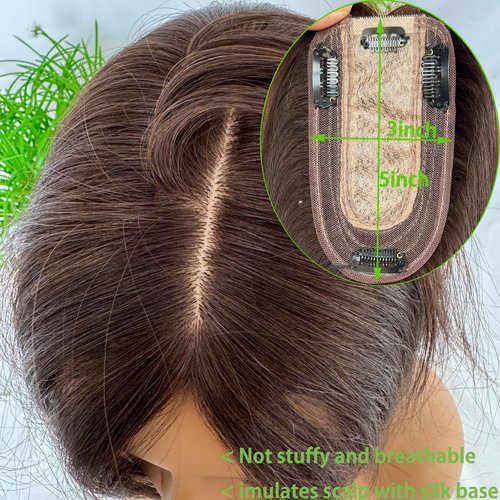 Voloria Clip in Hair Toppers Hairpiece for Women Real Human Pieces Silk Base Skin Wig Extensions for Hair Loss Grey Thinning 12 Inch (#27 Piano #613, 3x5inch)