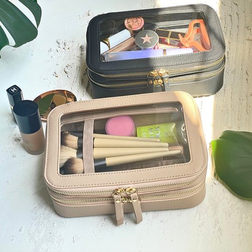 JAZD Clear Makeup Bags, Cosmetic Toiletry Organizer for Women, Travel Make up Toiletries, Small Transparent Pouch, TSA Approved Train Case (BLACK)