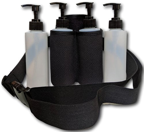 Earth's Essentials Insulated Double Bottle Holster with Belt for Massage Oils & Lotions - Includes (4) 8 Ounce Bottles / (4) Pumps / (4) Disc Caps
