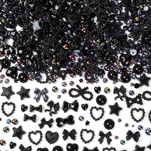 450pcs Black 3D Multi Shapes Pearl Nail Charms, COOSLIM Flatback Pearls Heart Bowknot Nail Charms Mix Styles Star Bow for Nail ArtDecoration