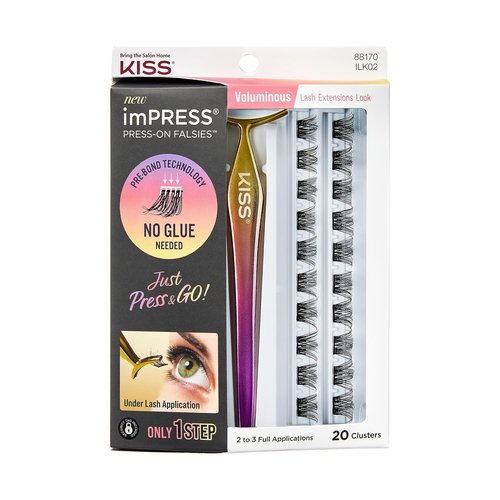 KISS imPRESS Falsies False Eyelashes, Natural' 12 mm & Voluminous' 14 mm, 20 Clusters & Applicator