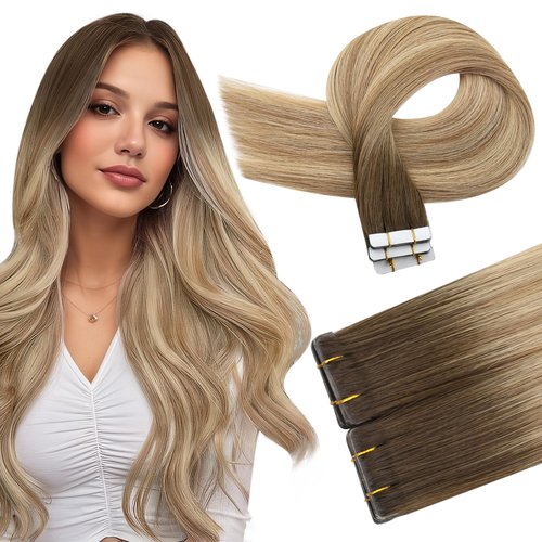 Full Shine Injection Tape in Hair Extensions Human Hair Color 3/8/22 Balayage Virgin Extensions 16Inch Invisible Tape in Human Hair Extensions Machine Remy Tape ins 20Gram 10Pcs For Women