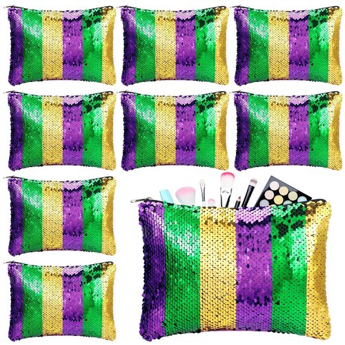 Reginary 8 Pcs Mardi Gras Sequin Makeup Bags Masquerade Parades Cosmetic Canvas Bags Canvas Gifts for Travel Women Carnival Gifts