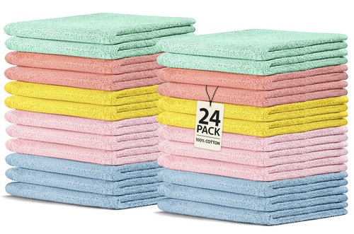 Crystal Ridge Cotton Wash Cloths 24 Pack - Washcloths for Showering, Face and Body, Soft and Highly Absorbent Multipurpose Towels for Bathroom, Kitchen, Spa and Gym - Wash Rags 12 x12 (Pastel)