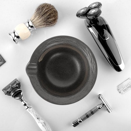 Linkidea Inside Rough Ceramic Texture Shaving Bowl, Shaving Soap Lather Cup for Men, Beard Wet Razor Shave Cream Bowl (Black)