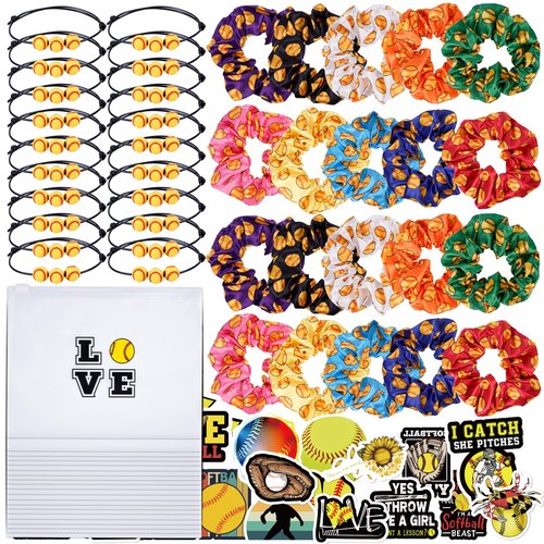 Kolewo4ever 160 Pieces Softball Team Gifts for Girls 20 Pieces Softball Scrunchies Hair Ties,20 Pieces Softball Bracelet,20 pieces Softball Makeup Bag,100 Pieces Softball Stickers
