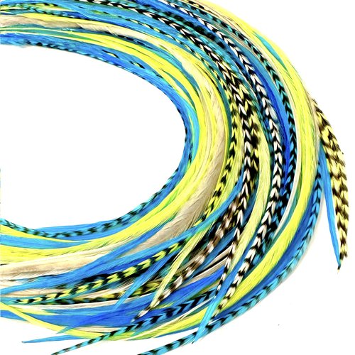 21 Neon Green & Turquoise Color Hair Extensions – 9”–14” Long – DIY Rooster Kit with 20 Micro-Link Beads – 100% Real Feathers – Eye-Catching Boho Style