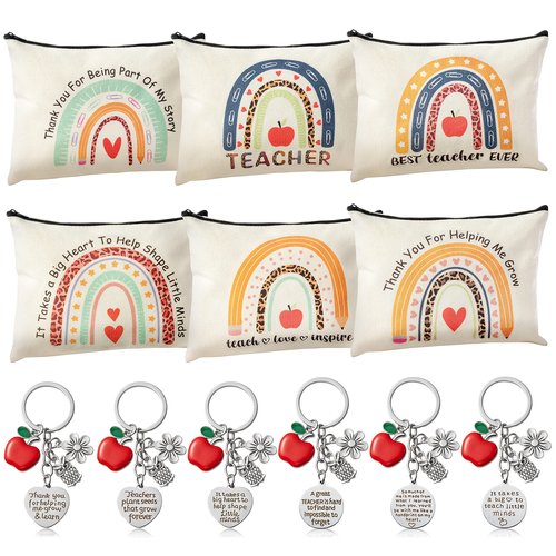 CY2SIDE 12PCS Teacher Appreciation Gifts Set 6 Teacher Survival Kit Boho Rainbow Makeup Pouch Cosmetic Bag with Zipper and 6 Key Chains Appreciation Key Ring Thank You Gifts for Women