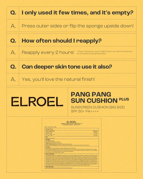 ELROEL Pang Pang Big Sun Cushion Plus - Broad Spectrum SPF50+ PA++++ Korean Sunscreen Cushion for Face & Body - Hypoallergenic & Lightweight Sun Cream, No White Cast (0.88 oz)