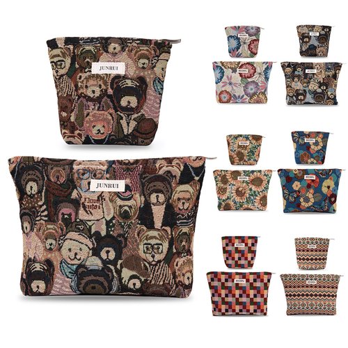 2PCS Makeup Bag Small Cute Cosmetic Bags for Women，Bear Pattern Travel Toiletry Bag for Purse, Large Canvas Cosmetic Pouch Makeup Organizer Tool Pouch with Zipper（Bear Brown）