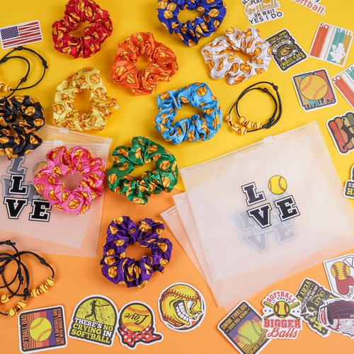 Kolewo4ever 160 Pieces Softball Team Gifts for Girls 20 Pieces Softball Scrunchies Hair Ties,20 Pieces Softball Bracelet,20 pieces Softball Makeup Bag,100 Pieces Softball Stickers