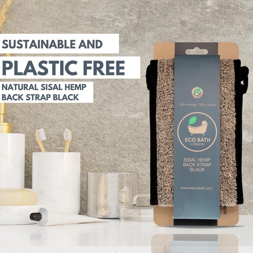 Eco Bath London Natural Sisal Hemp Back Strap Black - Premium Exfoliating Back Washer with Handles, Shower Bath Sponge Body Scrubber for Smooth Skin