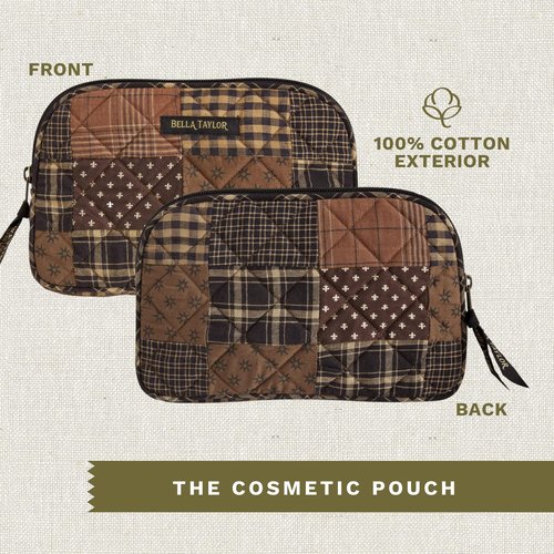 Bella Taylor Large Quilted Cotton Makeup Pouch for Women, Travel Cosmetic Bag, Quilted Cotton Ironstone Black and Brown Patchwork