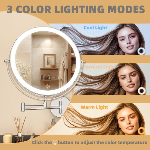 Batuso 8.5" Wall Mounted Makeup Mirror with Light, 2000mAh Rechargeable Double Sided 1X / 10X Magnifying Vanity Mirror, 3 Color Lights Touch Dimmable 360° Rotation Bathroom Mirror, Chrome
