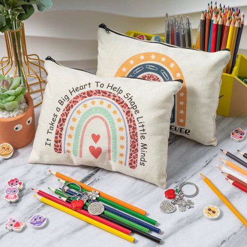 CY2SIDE 12PCS Teacher Appreciation Gifts Set 6 Teacher Survival Kit Boho Rainbow Makeup Pouch Cosmetic Bag with Zipper and 6 Key Chains Appreciation Key Ring Thank You Gifts for Women