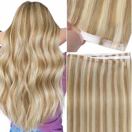 Anrosa 16 Inch Long invisible tape in hair extensions for Women Light Brown with Platinum Blonde Invisible Silky Wide Tape in Extensions Human Hair 50G