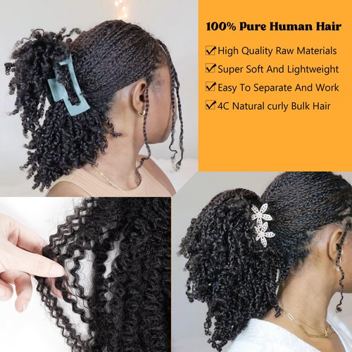 Afro Kinkys Bulk Human Hair for Permanent Micro Locs/Twists/Braids/Repair Locs Afro Kinky Curly Bulk Length and Thickness Extending, Blend Seamlessly with African hair (Natural black, 12inch 50g)