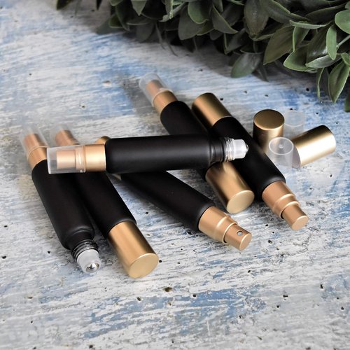6-Pack Black Glass Bottles with Dual Ends – Sprayer & Roller Tops – Leakproof, Premium Essential Oil & Perfume Bottles with Elegant Gold Accents – Refillable Custom Blend Containers