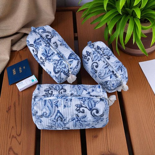 Vivanta Quilted Makeup Bag Set – Indigo Block Print Toiletry Bag for Women, Travel Makeup Organizer, Cosmetic Bags Set of 3 Floral Cotton Pouches, Travel Size Toiletries Kit, Zippered Toiletry Pouch